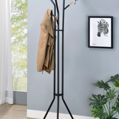 Cali tripod coat rack, black sand coating + wood color